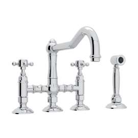 Deck Mount Column Spout 3 Leg Bridge Kitchen Faucet With Sidespray And Cross Handle
