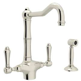 Single Hole C-Spout Kitchen Faucet With Metal Lever Sidespray In Polished Nickel