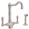 Single Hole C-Spout Kitchen Faucet With Metal Lever Sidespray In Satin Nickel