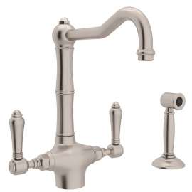 Single Hole C-Spout Kitchen Faucet With Metal Lever Sidespray In Satin Nickel