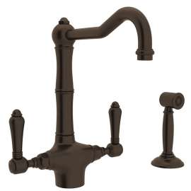 Single Hole C-Spout Kitchen Faucet With Metal Lever Sidespray In Tuscan Brass