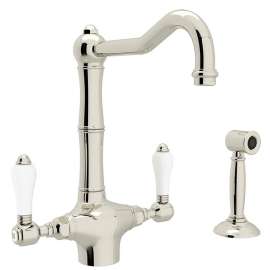 Single Hole Column Spout Kitchen Faucet With Porcelain Lever Sidespray In Polished Nickel