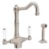 Single Hole Column Spout Kitchen Faucet With Porcelain Lever Sidespray In Satin Nickel