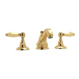 High Neck Widespread Lavatory Faucet with Metal Levers Pop-Up and Hex Spout in Italian Brass