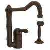 Single Hole Column Spout Kitchen Faucet With Sidespray With Metal Lever Handle In Tuscan Brass