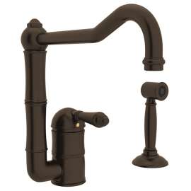 Single Hole Column Spout Kitchen Faucet With Sidespray With Metal Lever Handle In Tuscan Brass