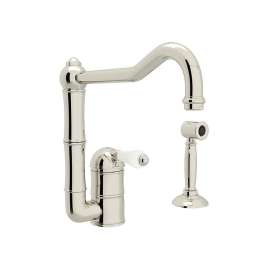 Single Hole Column Spout Kitchen Faucet With Sidespray With Porcelain Lever Handle In Polished Nickel