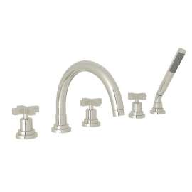 5-Hole Deck Mount Tub Filler with Cross Handle C-Spout in Polished Nickel