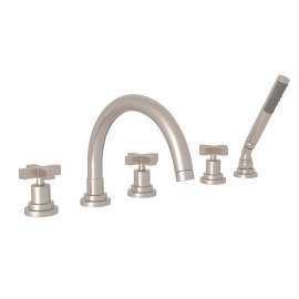 5-Hole Deck Mount Tub Filler with Cross Handle C-Spout in Satin Nickel