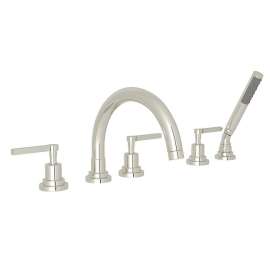5-Hole Deck Mount Tub Filler with Metal Lever C-Spout in Polished Nickel