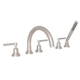 5-Hole Deck Mount Tub Filler with Metal Lever C-Spout in Satin Nickel