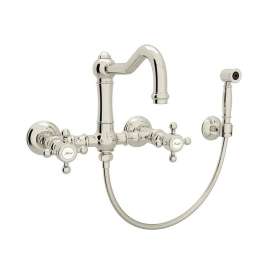 Wall Mount Column Spout Bridge Kitchen Faucet With Sidespray And Cross Handle In Polished Nickel