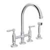 Deck Mount C-Spout 3 Leg Bridge Kitchen Faucet With Sidespray And Metal Lever In Polished Chrome