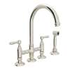 Deck Mount C-Spout 3 Leg Bridge Kitchen Faucet With Sidespray And Metal Lever In Polished Nickel
