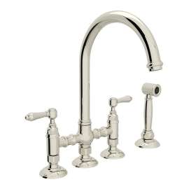 Deck Mount C-Spout 3 Leg Bridge Kitchen Faucet With Sidespray And Metal Lever In Polished Nickel