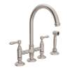 Deck Mount C-Spout 3 Leg Bridge Kitchen Faucet With Sidespray And Metal Lever In Satin Nickel