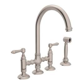 Deck Mount C-Spout 3 Leg Bridge Kitchen Faucet With Sidespray And Metal Lever In Satin Nickel