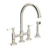 Deck Mount C-Spout 3 Leg Bridge Kitchen Faucet With Sidespray And Porcelain Lever In Polished Nickel