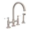 Deck Mount C-Spout 3 Leg Bridge Kitchen Faucet With Sidespray And Porcelain Lever In Satin Nickel