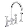 Deck Mount C-Spout 3 Leg Bridge Kitchen Faucet With Sidespray And Cross Handle In Polished Chrome