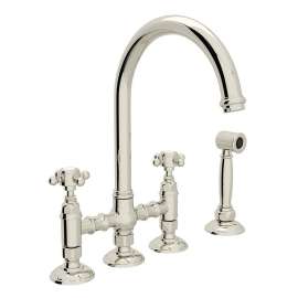 Deck Mount C-Spout 3 Leg Bridge Kitchen Faucet With Sidespray And Cross Handle In Polished Nickel
