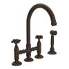 Deck Mount C-Spout 3 Leg Bridge Kitchen Faucet With Sidespray And Cross Handle In Tuscan Brass