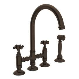 Deck Mount C-Spout 3 Leg Bridge Kitchen Faucet With Sidespray And Cross Handle In Tuscan Brass