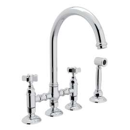 Deck Mount C-Spout 3 Leg Bridge Kitchen Faucet With Sidespray And Five Spoke Handles Sidespray