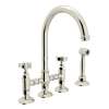 Deck Mount C-Spout 3 Leg Bridge Kitchen Faucet With Sidespray And Five Spoke Handles Sidespray In Polished Nickel