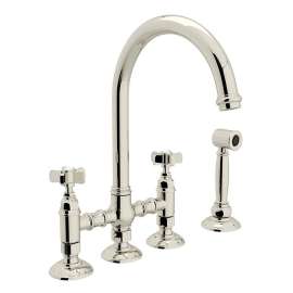 Deck Mount C-Spout 3 Leg Bridge Kitchen Faucet With Sidespray And Five Spoke Handles Sidespray In Polished Nickel