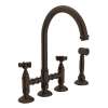 Deck Mount C-Spout 3 Leg Bridge Kitchen Faucet With Sidespray And Five Spoke Handles Sidespray In Tuscan Brass