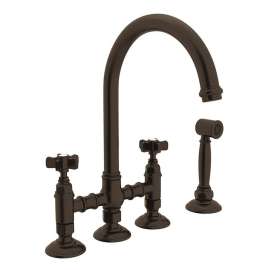 Deck Mount C-Spout 3 Leg Bridge Kitchen Faucet With Sidespray And Five Spoke Handles Sidespray In Tuscan Brass