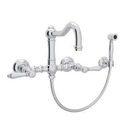 Wall Mount Column Spout Bridge Kitchen Faucet With Sidespray And Metal Lever Handle