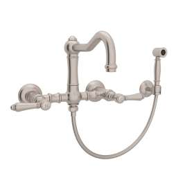 Wall Mount Column Spout Bridge Kitchen Faucet With Sidespray And Metal Lever Handle In Satin Nickel