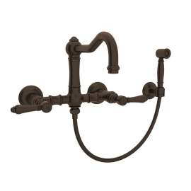 Wall Mount Column Spout Bridge Kitchen Faucet With Sidespray And Metal Lever Handle In Tuscan Brass
