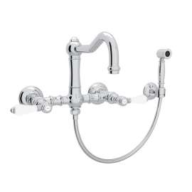 Wall Mount Column Spout Bridge Kitchen Faucet With Sidespray And Porcelain Lever Handle