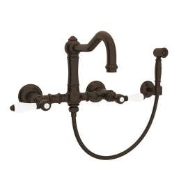 Wall Mount Column Spout Bridge Kitchen Faucet With Sidespray And Porcelain Lever Handle In Tuscan Brass