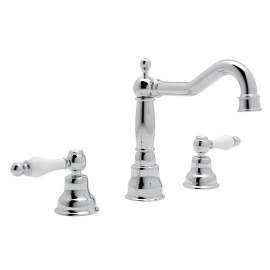 Column Spout Widespread Lavatory Faucet Ornate White Porcelain Levers Pop-Up and 7-1/8