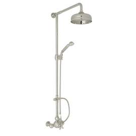 Exposed Wall Mount Thermostatic Shower with Ornate White Porcelain Lever and Volume Control in Polished Nickel