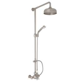 Exposed Wall Mount Thermostatic Shower with Ornate White Porcelain Lever and Volume Control in Satin Nickel