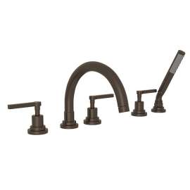 5-Hole Deck Mount Tub Filler with Metal Lever C-Spout in Tuscan Brass