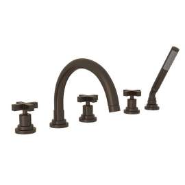5-Hole Deck Mount Tub Filler with Cross Handle C-Spout in Tuscan Brass