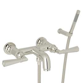 Wall Mount Exposed Tub Set with Metal Lever Handles and Handshower in Polished Nickel