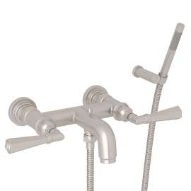 Wall Mount Exposed Tub Set with Metal Lever Handles and Handshower in Satin Nickel
