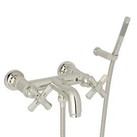 Wall Mount Exposed Tub Set with Cross Handle Handshower in Polished Nickel