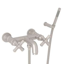 Wall Mount Exposed Tub Set with Cross Handle Handshower in Satin Nickel