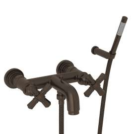 Wall Mount Exposed Tub Set with Cross Handle Handshower in Tuscan Brass