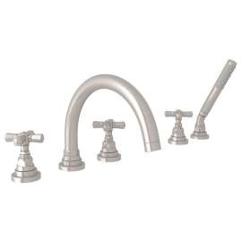 5-Hole Deck Mount Tub Filler with Cross Handle in Satin Nickel