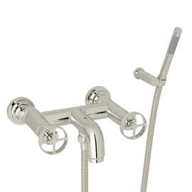 Wall Mount Exposed Tub Filler with Metal Campo Wheel Handles and Handshower in Polished Nickel