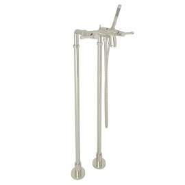 Exposed Floor Mount Tub Filler with Industrial Metal Levers Handshower and Floor Pillar Legs or Supply Unions in Polished Nickel